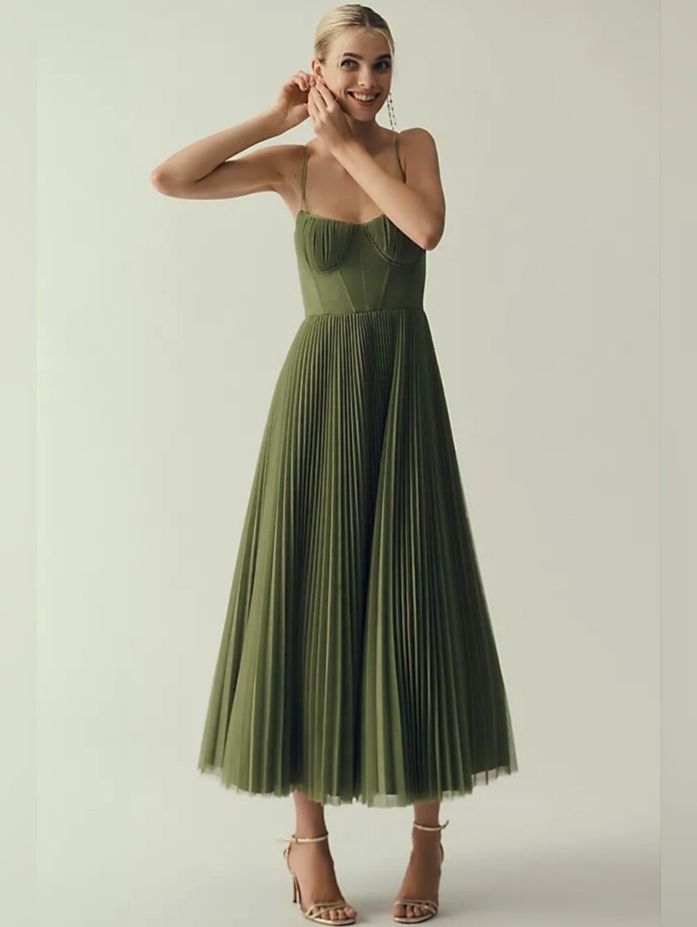 Lina Dress, Size S, Satin, Corset, Pleated Skirt, Forest Green